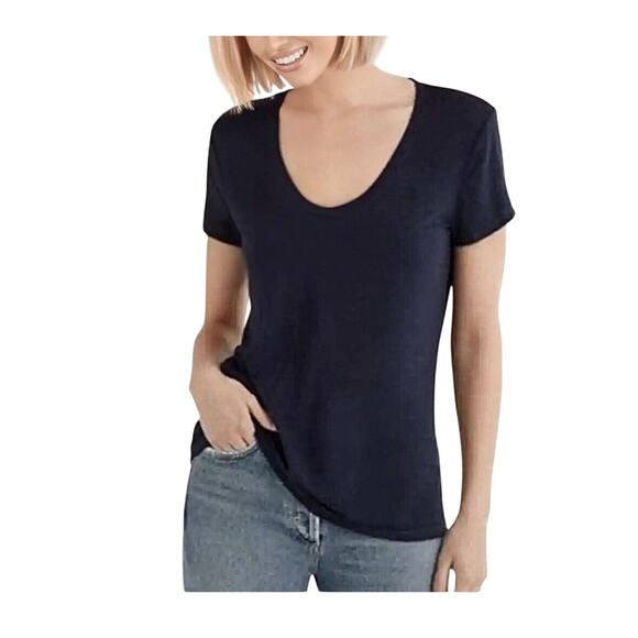 NWT Splendid Navy Short Sleeve Deep Scoop Neck Casual Knit Top X-Small - Picture 1 of 6